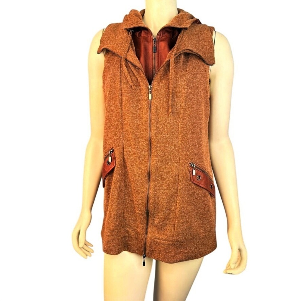 Picadilly Canada Vest Size M Hooded Knit Faux Leather Trim‎ Brown Zip Up